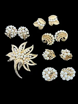 Crown TRIFARI Pearl Jewelry Vintage Pearls Earring Brooch Lot • $229.99