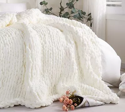 Chunky Knit Blanket Throw 60  X 80  Cream Soft Chenille Throw Blanket Handm... • £110.31