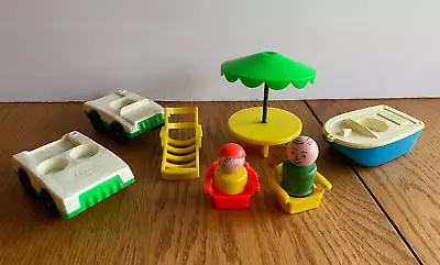 Vintage Fisher Price Little People Figures Chairs Cars Boat Table W/Umbrella Lot • $14.24