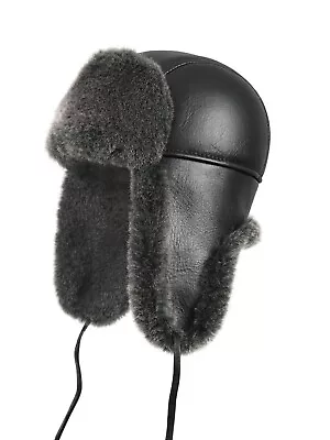 Aviator Trapper Ushanka Leather Shearling Sheepskin Fur Hat - Black • $44.99