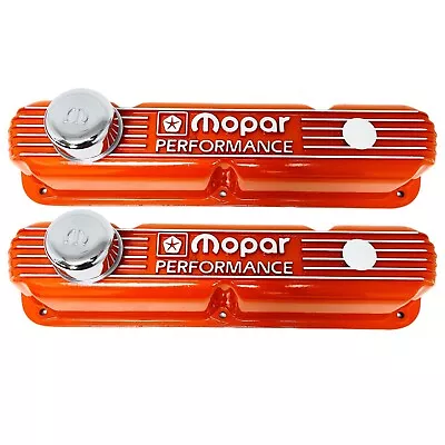 NOS Mopar 318 340 360 ORANGE Finned Die-Cast Valve Covers W/ Logo Breathers • $295