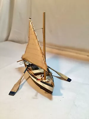 Vintage 8” Wooden Handmade Miniature Sailboat W/Canvas Sail 2 Oars Shovel Etc • $3.95