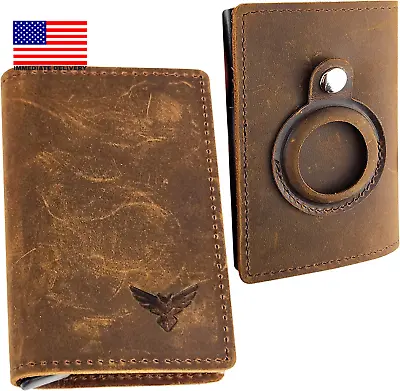 Slim Wallet For Air Tag – RFID Blocking Wallet For Men – Brown Leather Airtag Wa • $10.23