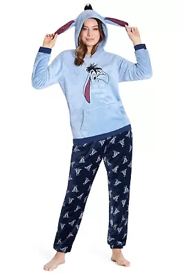 Disney Womens Eeyore Long Sleeve Hooded Pyjama Set Sleepwear Nightwear • £26.49