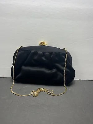 Morris Moskowitz MM Black Satin Brass Clasp/Shoulder Clutch Bag 10” X 6” • $24