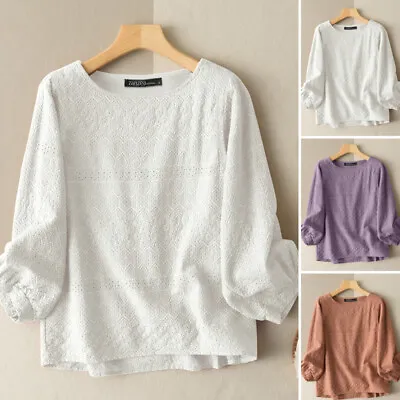 UK Women Crewneck Long Sleeve Tops Shirt Crochet Solid Tee Shirts Blouse Plus • £14.99