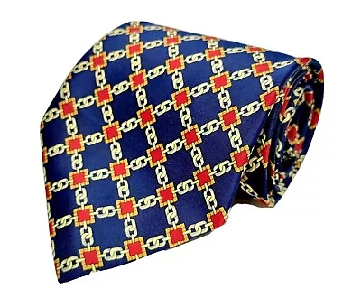 Rene Chagal Mens Necktie Silk Chain Link Pattern Silk Blue Gold Red Hand Made • $8.89