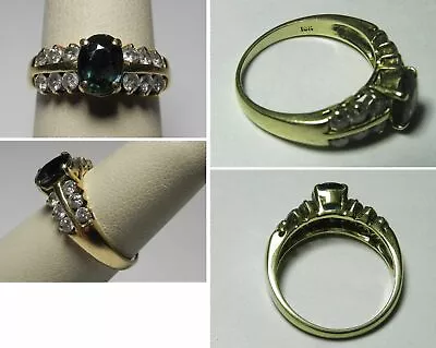 C1698 Vtg 18K Solid YG Double Row Diamond & Center Oval Sapphire Ring Sz 7 • $450