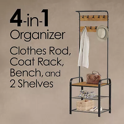 73'' Hall Tree 4-IN-1 Coat Rack Shoe Bench W/ 10 Hooks Entryway Storage Shelf • $112.89