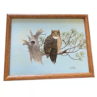 Vintage 70s Owl On Branch Painting Signed Original Framed Blue Background MCM • $45