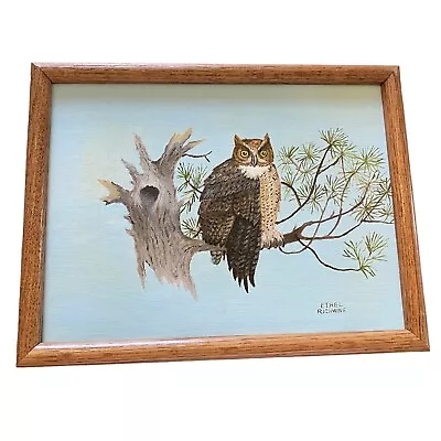 Vintage 70s Painting Owl On Branch Signed Original Framed Blue Background MCM • $45