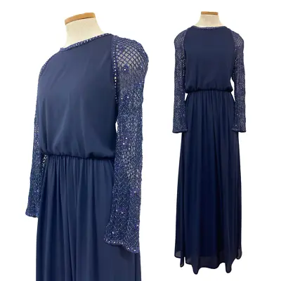 Vtg 60s 1960s Victoria Royal Designer Mother Of The Bride Beaded Navy Gown • $320