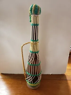 Large Vintage Wicker Wrapped Wine Bottle With Stopper And Brass Handle • $25