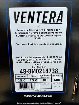 NEW Mercury Ventera Propeller 48-8M0214738 25 Pitch RH • $1250