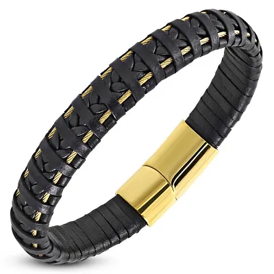 Stainless Steel Silver-Tone Black Leather Braided Wristband Mens Bracelet 8.5  • $19.99