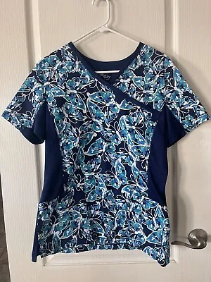 Beautiful All Day Landau Blue Butterfly Scrub Top Size Large • $17.99