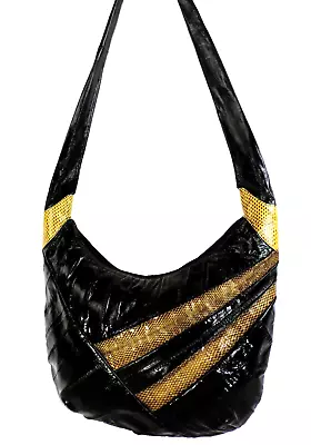 EEL SKIN Black And Tan Vintage Hobo Shoulder Bag Purse Handbag Snake Accents Zip • $24.50