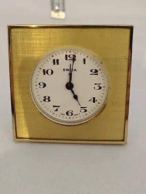 Vintage Brass Swiza 8 Day Swiss . Desk Alarm Clock Working Well A25 • $12.62