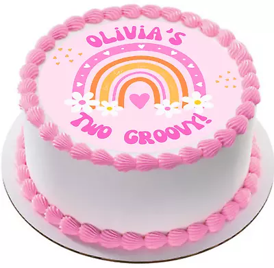 Rainbow Daisy Icing Cake Topper Personalized Retro Two Groovy 2nd Birthday #222 • $21.95