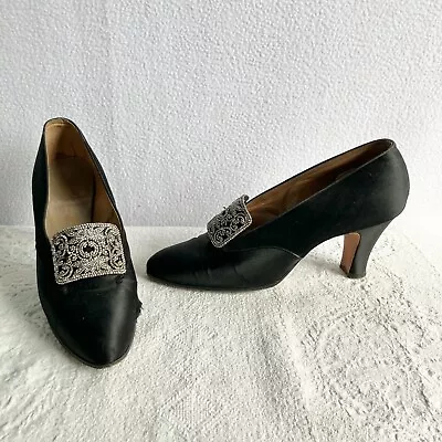 Vintage 1920s Black Satin Steel Cut Buckle Pumps Shoes Heels Size 5.5 • $145.26