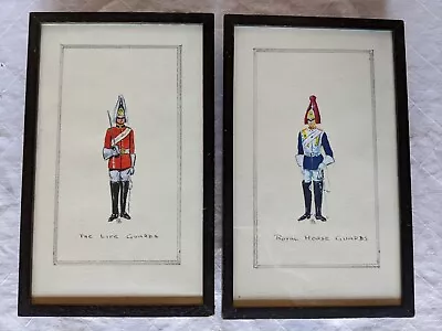 Vintage Pair Watercolor Paintings British Royal Horse & Life Guards Signed 9.5x6 • $40