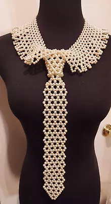 Vintage Faux Pearl Necktie With Woven Collar Cravate Statement • $79.99