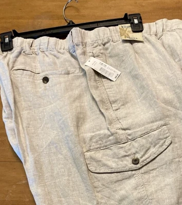 $23.97 • Buy Mens CARIBBEAN Pants 46x32 Khaki Beige Elastic Waist 100% LINEN Cargo NWT Beach