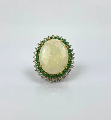 A Vintage 14K White & Yellow Gold Opal Emerald Diamond Ring • $5000