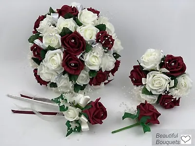 £3.50 • Buy Wedding Flowers Ivory Rose Burgundy , Bouquet Bridesmaid Buttonhole Wands Posy
