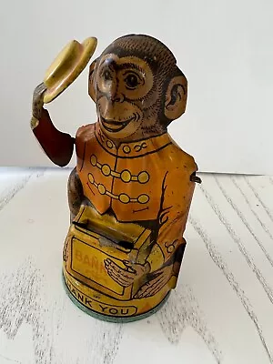 J Chein Vintage Tin Litho Monkey Bank Toy With Tipping Hat  • $65