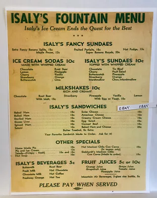 Early Isaly's Dairy Fountain Menu Ice Cream Sodas Sundaes Sandwich 10¢ Rare COPY • $12.95