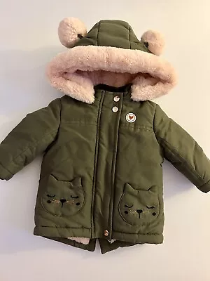 Girls Green Cat Design Parka Coat F&F Size 0-3 Months • £12