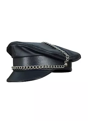 Genuine Full Leather Black Army Muir Biker Peaked Police Bluf Cap With Chain • £32.99