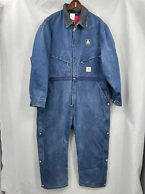 Vintage Carhartt Coveralls Mens 50S Blue Canvas USA 996QZ Quilted Lined Jumpsuit • $85.95
