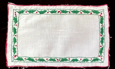 £93.40 • Buy 10 Vintage Linen Christmas Cocktail Napkins Embroidered With Holly Leaves  YY412