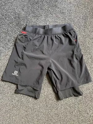 Men's Salomen Black 2 In 1 Shorts W32  Pockets Elastic Waist Logos • £8