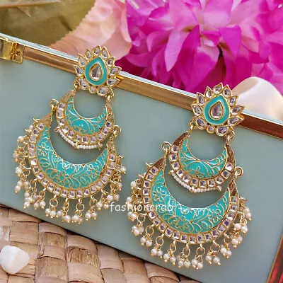 Indian Bollywood Style Sea Green Enamel Kundan Chandbali Earrings For Wedding • $12.95