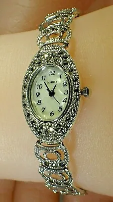 Vintage Style Champagne Marcasite MOP Dial .925 Sterling Silver  7  Watch  #1398 • $168.59