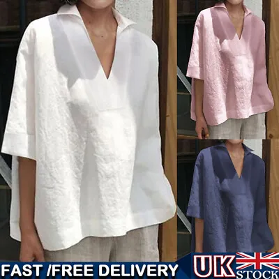 UK Women Cotton Linen Baggy Tops Tee Ladies Casual T-Shirts Blouse Top Plus Size • £10.95