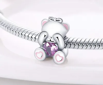 £14.45 • Buy New Sterling Silver 925 Pink Bear With Heart Charm For Bracelet FAST FREE P&P