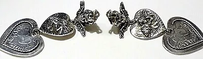 T FOREE SIGNED Sterling Silver CLIP ON LUGGAGE TAG HEART ANGEL CHERUB EARRINGS • $159.99