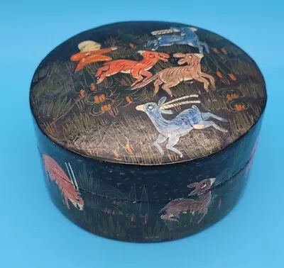 Hand Painted Lacquerware Round Trinket Box Made In India Asia Scene Deer & Man  • $16.54