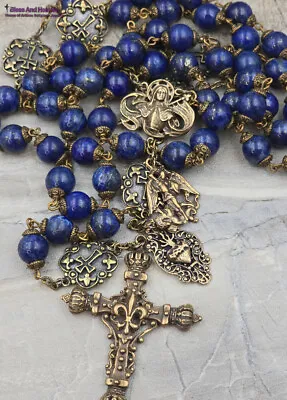 Joan Of Arc St Michael Lapis Lazuli Large 10mm Vintage Bronze Rosary • $184