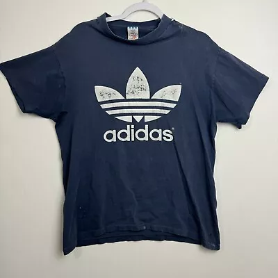 Vintage 80s Adidas Classic Trefoil Logo Graphic Tee Distressed Adult Medium • $29.99