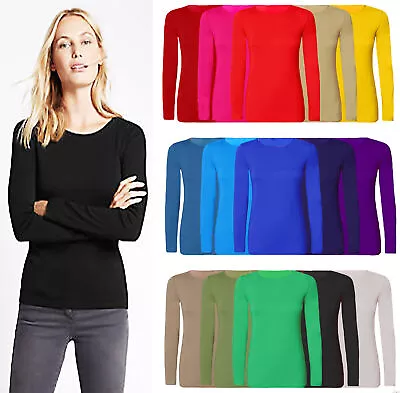 Womens Long Sleeve Round Neck Plain Basic Ladies Stretch T-Shirt Top UK 8 To 26 • £7.99