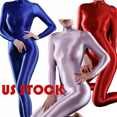 US Womens Shiny Bodysuit Long Sleeves Double Zip Leotard Smooth Catsuit Jumpsuit • $12.22