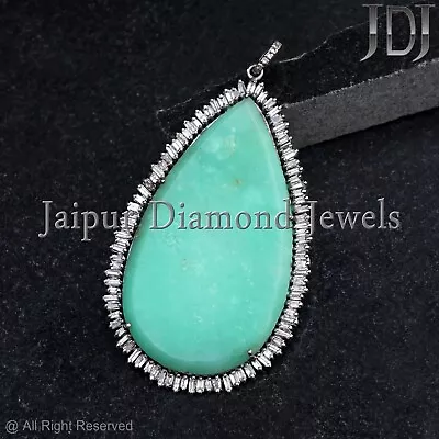 Chrysoprase Pendant Diamond Silver 925 Jewelry Baguette Gemstone Vintage Style • $818.80