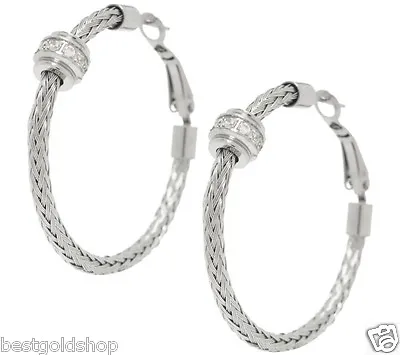 2  Cable Hoop Crystal Earrings Omega Backs Stainless Steel By Design QVC J287838 • $29.47