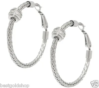 Cable Hoop Crystal Earrings  Omega Backs Stainless Steel By Design QVC J287838 • $31.18