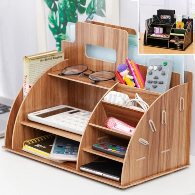 $15.39 • Buy Office Desk Wooden File Organiser Brush Storage Container Pen Stationery 